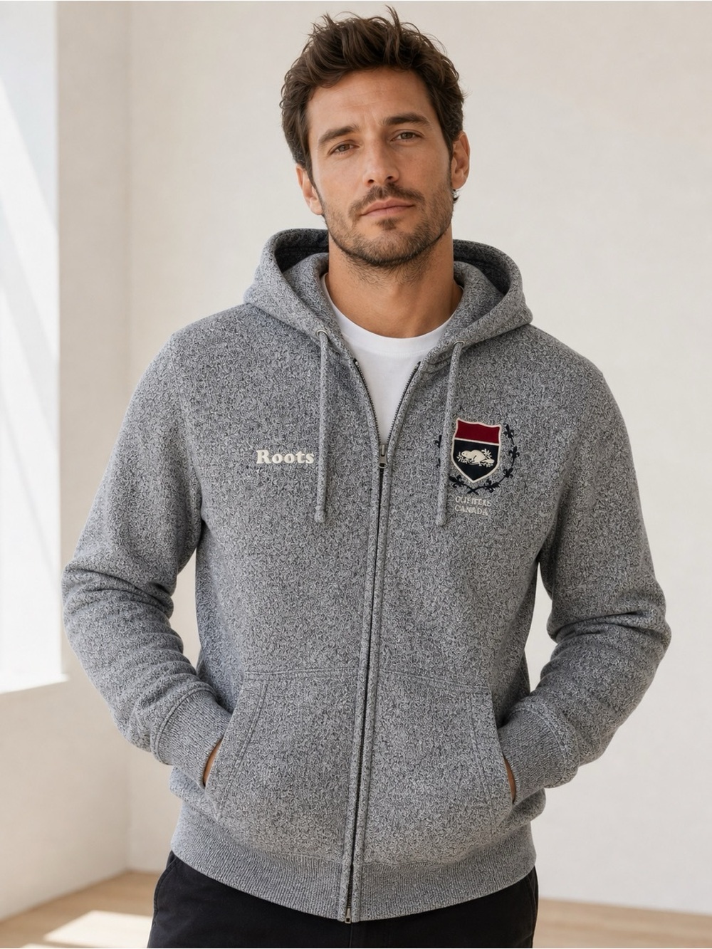 Roots Canada (Quebec) Unisex Gray Full-Zip Hoodie Sweater